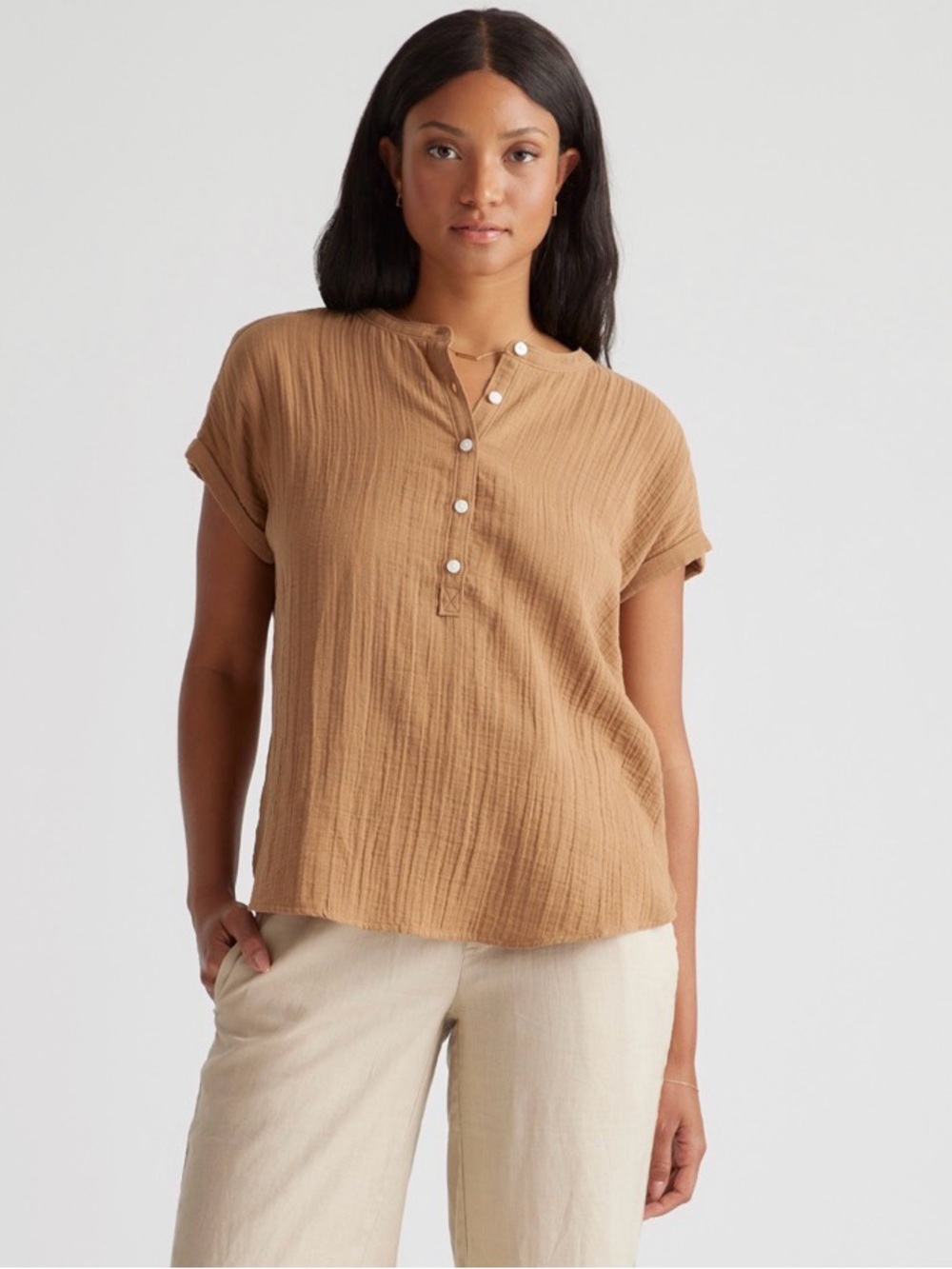 Quince Organic Cotton Gauze Roll Sleeve Blouse in Camel EUC